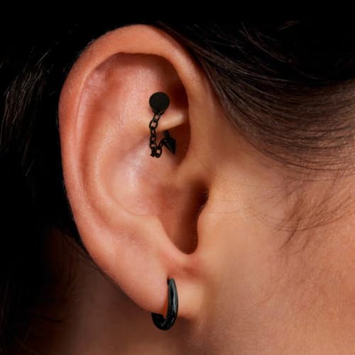 3 Pcs 316L Stainless Steel 16G Tragus Helix Rook Piercing Jewelry with Chain, Cartilage Earrings for Women, Belly Button Ring Vertical Labret Lip Piercing Jewelry - color: Black, size: Disc