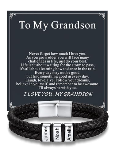 Custom4U Personalized Braided Leather Bracelet for Men with Name Engraved | 1-5 Name Engraving, Stainless Steel Bead, 7.5/8.3/9 Inch Black Leather, Gift Design for Men with Custom Keepsake Cards - color: 01-Steel Color-To My Grandson, size: 3 Names