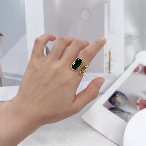 Elegant Gemstone Geometric Statement Rings for Women Gold-Tone Plated Stainless Steel Open Band Dainty Wedding Open Adjustable Middle Thumb Ring Cocktail Prom Party Trendy Jewelry for Girlfriend - color: Green