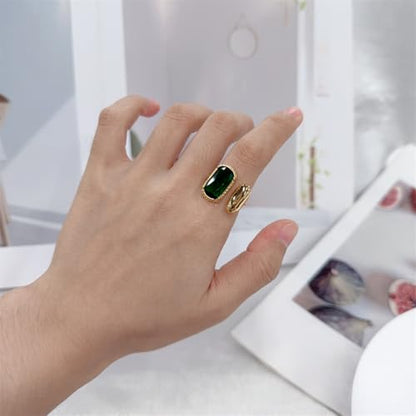 Elegant Gemstone Geometric Statement Rings for Women Gold-Tone Plated Stainless Steel Open Band Dainty Wedding Open Adjustable Middle Thumb Ring Cocktail Prom Party Trendy Jewelry for Girlfriend - color: Green