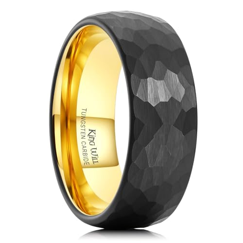 King Will Men's Tungsten Carbide Wedding Ring Hammered Groove Wedding Band Mens Two Tone Engagement Ring for Men and Women Matte Brushed Finish Comfort Fit - color: 8MM Gold-Black
