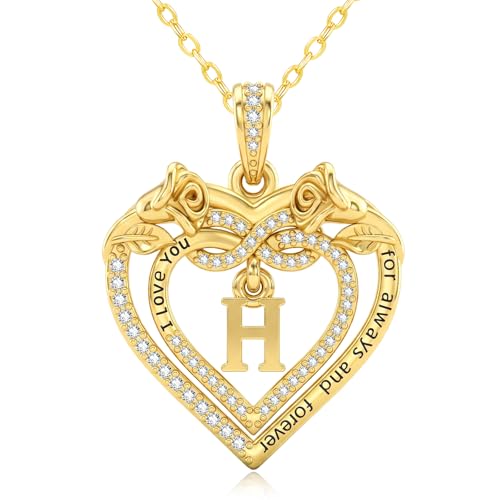 14K Gold Initial Letter Rose Heart Pendant Necklace for Women, Anniversary Birthday Jewelry Gifts for Wife Mom Grandma Sister Daughter, I Love You for Always And Forever - style: 14K Gold-H
