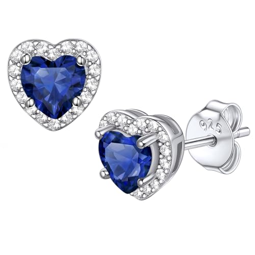 Bestyle 8mm Small Birthstone Earrings for Women with Hypoallergenic Sterling Silver Post,Sparkle Heart/Round Womens Studs Earrings, Great Birthday/Christmas/Anniversary Jewelry for Wife Mother - color: 09. Sept. Sapphire-Heart
