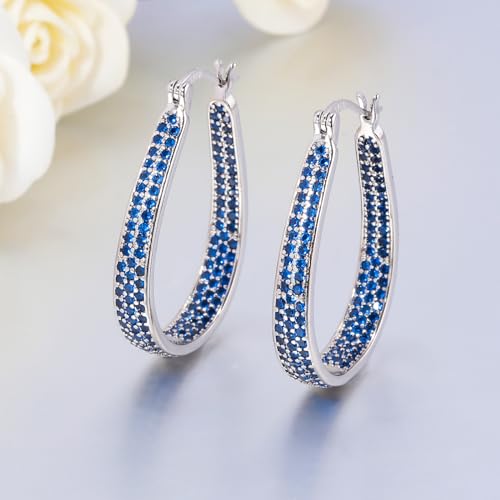925 Sterling Silver Post Hoop Earrings for Women Gilrs Multcolors Cubic Zircon Hoops 14K Gold Plated Oval Chunky Hoop Earrings Jewelry Gift for Mothers Day/July 4th/Wedding/Party/Christmas - color: Navy blue