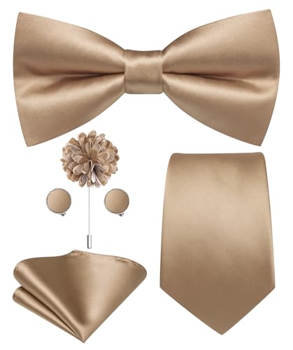 Hi-Tie 5Pcs Mens Solid Color Silk Tie Satin Pretied Bowtie Lapel Pin for Men Handkerchief Cufflink Wedding Gift Box - color: Beige