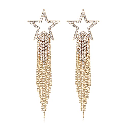 EVER FAITH Crystal Long Waterfall Star Tassel Clip-on Earrings for Women | Rhinestone Beaded Fringe Chandelier Dangle Statement Earring, Wedding Party Jewelry - color: Clear Gold-Tone