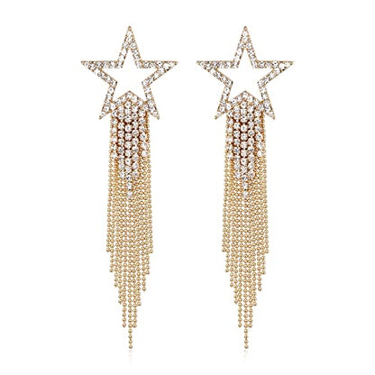 EVER FAITH Crystal Long Waterfall Star Tassel Clip-on Earrings for Women | Rhinestone Beaded Fringe Chandelier Dangle Statement Earring, Wedding Party Jewelry - color: Clear Gold-Tone