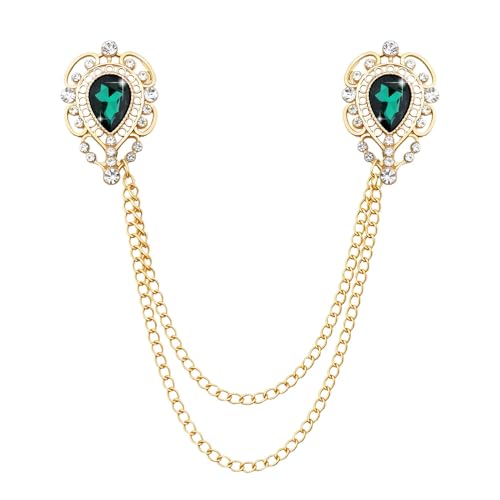 Teardrop Rhinestone Brooch Mens Lapel Pins for Shirt Collar Hanging Chain Brooch Suit Pin Crystal Rhinestone Lapel Pins for Men - color: Green