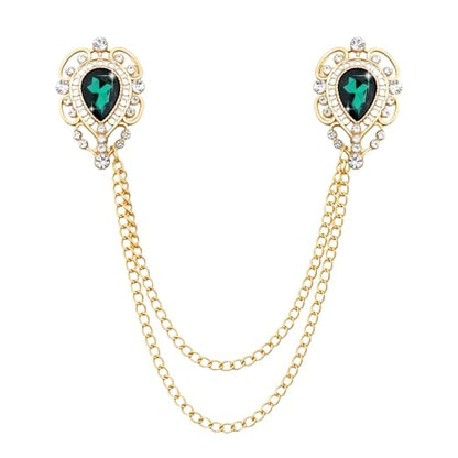 Teardrop Rhinestone Brooch Mens Lapel Pins for Shirt Collar Hanging Chain Brooch Suit Pin Crystal Rhinestone Lapel Pins for Men - color: Green
