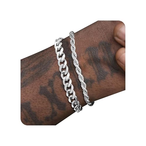 PEALICIOUS Mens Bracelet for Men Rakhi Gifts for Men Jewelry | 2 PCS Silver/Gold Bracelets for Men Chain,Pulseras Para Hombres Mens Accessories, Waterproof Jewelry,Stainless Steel Bracelet - color: Silver Cuban and Rope, size: 22+3cm