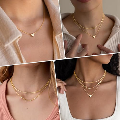Poxtex Layered Gold Necklaces for Women, Stackable Dainty 14K Gold Silver Plated Trendy Simple Heart Diamond Cross Bow Circle Pendant Paperclip Choker Dot Chain Necklace,Jewelry Set Gifts for Women - color: Gold, style: Heart2