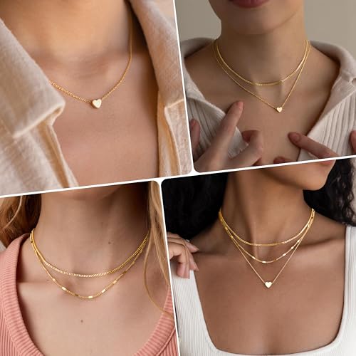 Poxtex Layered Gold Necklaces for Women, Stackable Dainty 14K Gold Silver Plated Trendy Simple Heart Diamond Cross Bow Circle Pendant Paperclip Choker Dot Chain Necklace,Jewelry Set Gifts for Women - color: Gold, style: Heart2