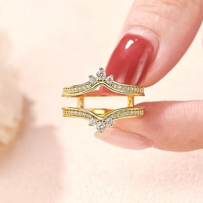 SHELOVES Crown Wedding Ring Guard Enhancers Round Cubic Zirconia Stackable Rings Wrap for Women White Gold Plated - color: Yellow Gold