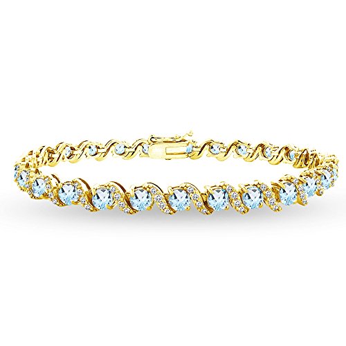 B. BRILLIANT Sterling Silver Genuine, Created or Simulated Gemstone Round S Design Tennis Bracelet for Women - color: Blue Topaz - Gold Flash