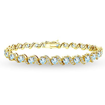 B. BRILLIANT Sterling Silver Genuine, Created or Simulated Gemstone Round S Design Tennis Bracelet for Women - color: Blue Topaz - Gold Flash