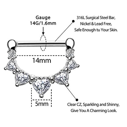 Melighting 2pcs 14G Nipple Rings Surgial Steel 316L Piercing Jewelry Shiny Heart Clear CZ Nipple Bars Rose Gold 14mm - color: white gold