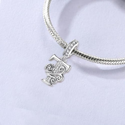 LNQOBU Complete A~Z Alphabet Charm Letter Beads, Solid 925 Sterling Silver with Cubic Stones Rose Alphabet Charm fits Pandora Bracelets Necklace Women Jewelry - color: CYT-T