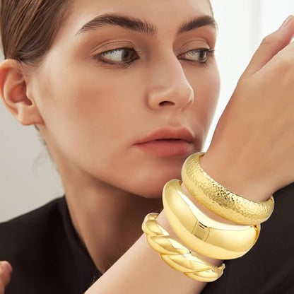 Chunky Gold Bangle Bracelets for Women, 14K Gold Plated Wide Cuff Bracelet | Stackable Open Cuff Bangles, Trendy Statement Jewelry Gift for Women - color: Gold-14