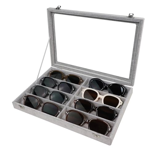 Wudygirl Velvet Jewelry Sunglass Organizer with Lid, 13.7x9.4 Inch Gray | 8 Grid Jewelry Tray for Sunglass, Perfect for Home Organization, Jewelry Display, Gift Giving, Dustproof Design - color: Gray, size: 8 Grid
