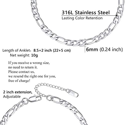 PROSTEEL Ankle Bracelets for Women, Silver/Gold/Black, Waterproof Anklets | Waterproof, Stainless Steel, Summer Beach Jewelry, Durable & No Tarnish, Come with Gift Box, 8-10.5" Adjustable, Plus Size - color: D: silver-figaro chain-6mm