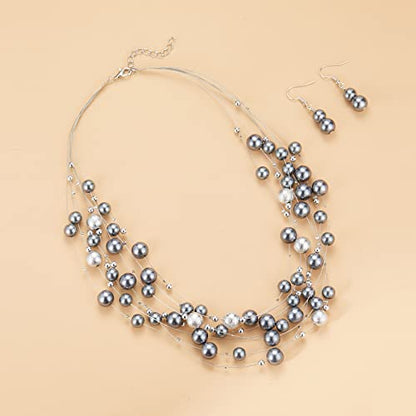 FULU AUTUMN Layered Pearl Necklace Multi-strand Pearl Choker Necklaces for Women Beaded jewelry for Wedding Parties - color: 37-Grey