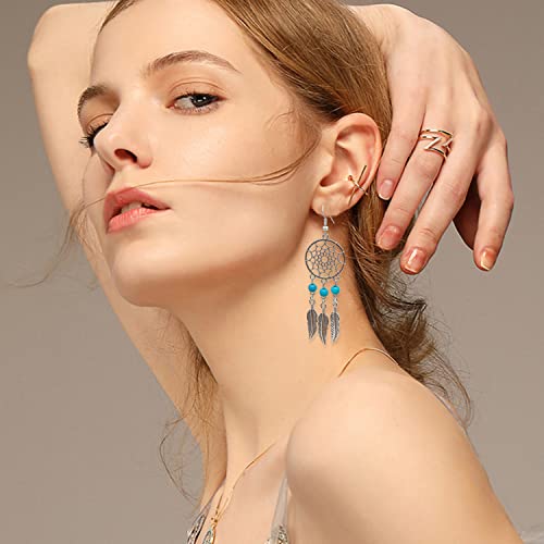 KaFu Woman Retro Silver BOHO Style Metal Dangle Drop Earrings Dream Catcher Statement Feather Dangle Tassels Turquoise Earrings for Women Girls - color: Silver-3