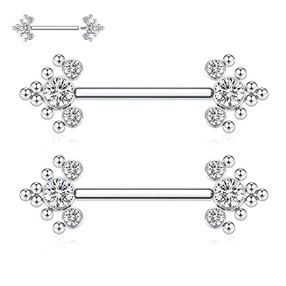 GAGABODY Pair 14G Nipple Rings G23 Titanium Internally Threaded Nipple Barbells 12mm-18mm Bridge Piercing Jewelry Straight Nipple Bar for Women Men Nipple Piercing Jewelry with CZ/Opal - color: STYLE5-Silver+3 CZ&Bead