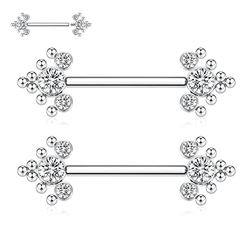 GAGABODY Pair 14G Nipple Rings G23 Titanium Internally Threaded Nipple Barbells 12mm-18mm Bridge Piercing Jewelry Straight Nipple Bar for Women Men Nipple Piercing Jewelry with CZ/Opal - color: STYLE5-Silver+3 CZ&Bead