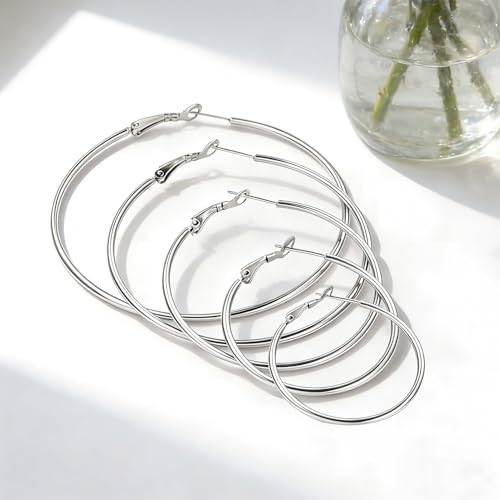 6 Pairs Gold Silver Hoop Earrings for Women 14K Gold Plated 316 Hypoallergenic Stainless Steel Lightweight Large Small Hoops Women Earrings 30/40/50mm Set - color: 5 Pairs Silver-30/40/50/60/70mm