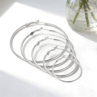 6 Pairs Gold Silver Hoop Earrings for Women 14K Gold Plated 316 Hypoallergenic Stainless Steel Lightweight Large Small Hoops Women Earrings 30/40/50mm Set - color: 5 Pairs Silver-30/40/50/60/70mm