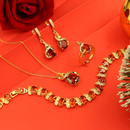 GZWHD Jewelry Set for Women Water Drop Cubic Zirconia Artificial Crystal Earrings Pendant Necklace Open Ring Tennis Bracelet Wedding Anniversary Birthday Engagement Gift for Bridesmaid Wife Girlfriend Friend - color: Gold-Garnet