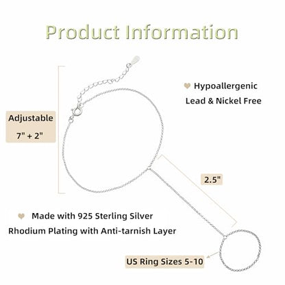 Kakikaki 925 Sterling Silver Finger Ring Bracelet Hand Chain for Women | Slave Bracelets 7" to 9" Adjustable - color: Silver, style: Satellite Chain