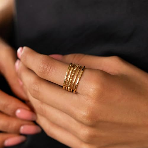 CONRAN KREMIX Sterling Silver Gold Rings for Women Non Tarnish, Waterproof Dainty 14K Gold Plated Stackable Thin Thumb Ring Set Trendy Wedding Bands Engagement Rings for Women