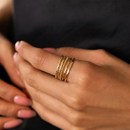 CONRAN KREMIX Sterling Silver Gold Rings for Women Non Tarnish, Waterproof Dainty 14K Gold Plated Stackable Thin Thumb Ring Set Trendy Wedding Bands Engagement Rings for Women