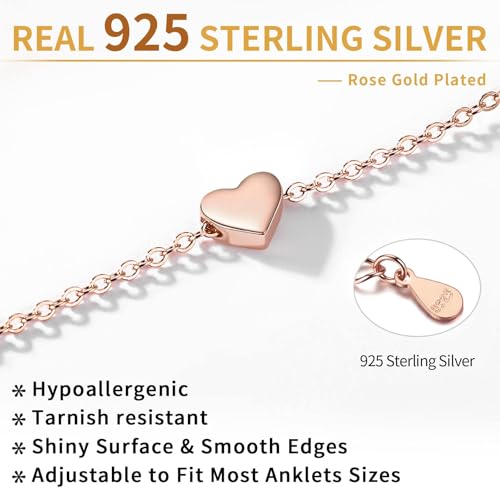ChicSilver Personalized 925 Sterling Silver Tiny Heart/Moon/Star/Sun/Dot/Triangle Anklets Simple Dainty Foot Jewelry for Women, Silver/Gold Plated/Rose Gold Plated - style: Rose Gold Heart