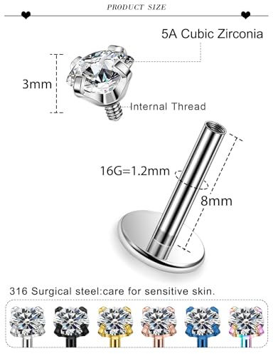 16G ASTM F136 Titanium Surgical Steel Internal Thread Flat Back Studs Earrings Lip Rings Labret Medusa Helix Tragus Cartilage Earring stud Piercing Jewelry for Women Men Silver Black Gold - style: 16g/3mm Clear cz/Mix color 8mm
