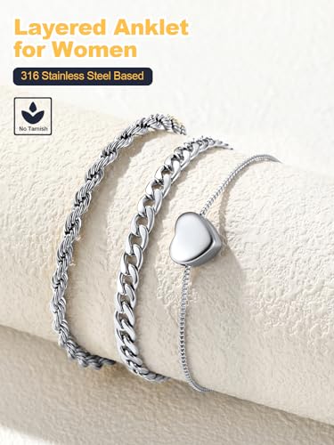 U7 2Pcs/3Pcs Ankle Bracelets for Women, Stainless Steel Cuban Link/Figaro/Rope/Heart Chain Anklets Sets,Waterproof Layered Anklets Adjustable 8.5"-10.5" - color: 04. 3Pcs Style B-Stainless Steel