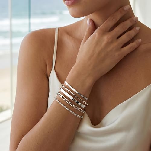 Dainty Gold Bracelet for Women Trendy Non Tarnish, Thin Bracelets Stackable Set with Bangle Cuff, Box, Herringbone, Paperclip, Figaro, Sparkling Link Chains Waterproof, Simple Jewelry Gifts for Women - color: style 03-silver