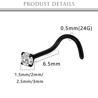 Hoeudjo Hypoallergenic Nose Rings Studs 24G Surgical Stainless Steel Cubic Zirconia Nose Studs for Women Men Screw & Bone & L Shaped Nostril Piercing Jewelry with 1.5mm 2mm 2.5mm 3mm CZ - color: black,screw nose studs
