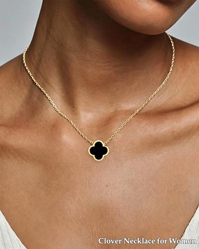 Clover Jewelry Set 3 PC - 18K Gold Plated Stainless Steel Y Necklace Four Leaf Pendant, Clover Bracelet Charm, 4leaf Earrings, Hypoallergenic Non-Tarnish, Lucky Jewelry Gifts for Women Mom - color: Black/Gold