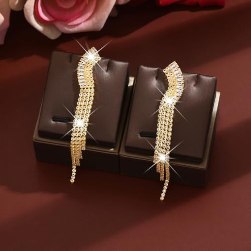 Gold Rhinestone Tassel Dangle Earrings for Women,Long Sparkly Crystal Statement Earring,Trendy Bridal Wedding Prom Jewelry Accessories - color: Golden