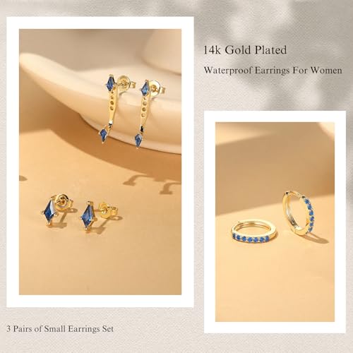 3 Pairs Stackable Kite Stud Earrings Set for Women Trendy | Dainty Birthstone Stud Gold & 925 Sterling Silver Huggie Hoop Jacket Stack Earrings for Women 2026 - color: Gold-Blue Sapphire
