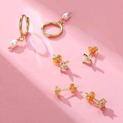 Sterling Silver Earrings Stacks for Women, Hypoallergenic Cartilage Earring | Dainty Stud Huggie Hoop Dangle Chain Earrings, 14K Gold/White Gold Plated - color: 3Pairs-Pearl Flower Set-Gold