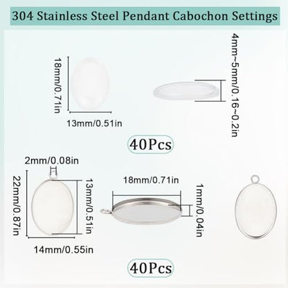 SUNNYCLUE 1 Box 80Pcs Bezel Trays Oval Pendant Tray Set Stainless Steel Pendant Blanks Photo Charm Cabochon Settings Blank Bezel Charms with Glass Cabochons for Jewelry Making DIY Findings - color: Oval Stainless Steel Cabochon Settings