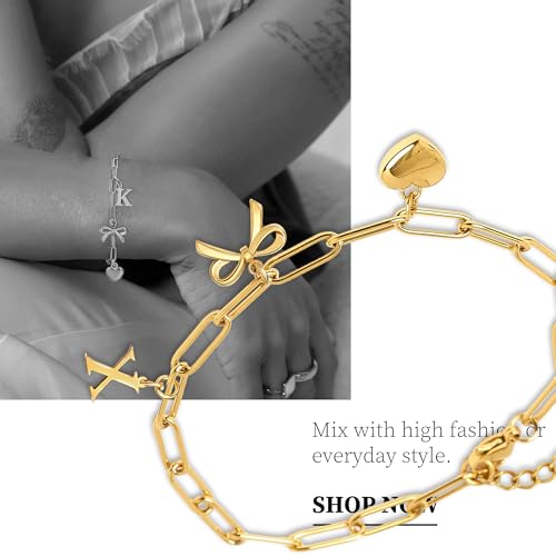 14K Gold Plated Bracelet for Women Simple Jewelry Initial A-Z Bracelet Dainty Chain Gifts for Women Birthday Unique Dainty Letter Charm Bracelet with Bow Anniversaries Gifts for Mother Her Jewelry Gift - style: S