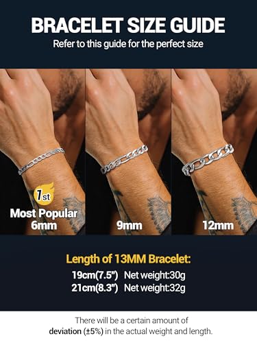 PROSTEEL Bracelets for Men, Figaro/Cuban Mens Bracelet, Silver/Gold/Black | 6/9/13mm Width, 7.5/8.3/9" Length, Stainless Steel Mens Bracelet, Durable & Non Tarnish, Chunky Jewelry with Gift Box - style: C 13mm-Figaro-Sliver