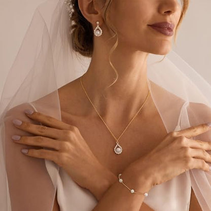 Jewelry Sets for Women,Dainty 14k Gold Plated Pearl Earrings Necklace Bracelet Fashion Silver Bridal Jewelry accessories SimpleWedding Jewelry Sets for Brides - color: gold