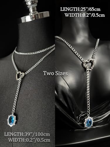 Women's Heart O-Ring Slip Chain Necklace, Double Layered Adjustable 39'' Cuban Chain with Detachable Heart Clasp and Colorful Rhinestone Pendant - color: 39'' Silver-Ocean Blue