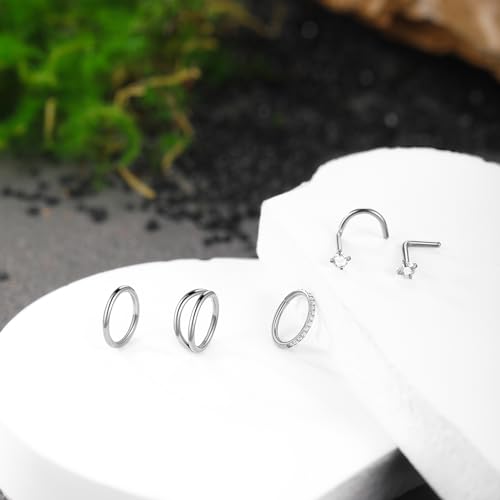 Xpircn 5pcs Hoop Nose Rings and L Shaped Nose Rings Stud Set 18G/20G Stainless Steel CZ Helix Conch Daith Tragus Cartilage Hoop Earrings for Women 6mm 7mm 8mm 10mm - color: Silver, size: 20G, 6mm hoop & 7mm studs