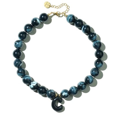 DoDoBeads Chunky Colorful Beaded Initial Necklace, Bubble Letter Choker | Gift box and dust pouch included; waterproof and sweat-resistant with real gold plated stainless steel hardware - color: Black-C